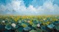 Vibrant oil painting depicting a vast lotus field under a bright blue sky with scattered clouds Royalty Free Stock Photo
